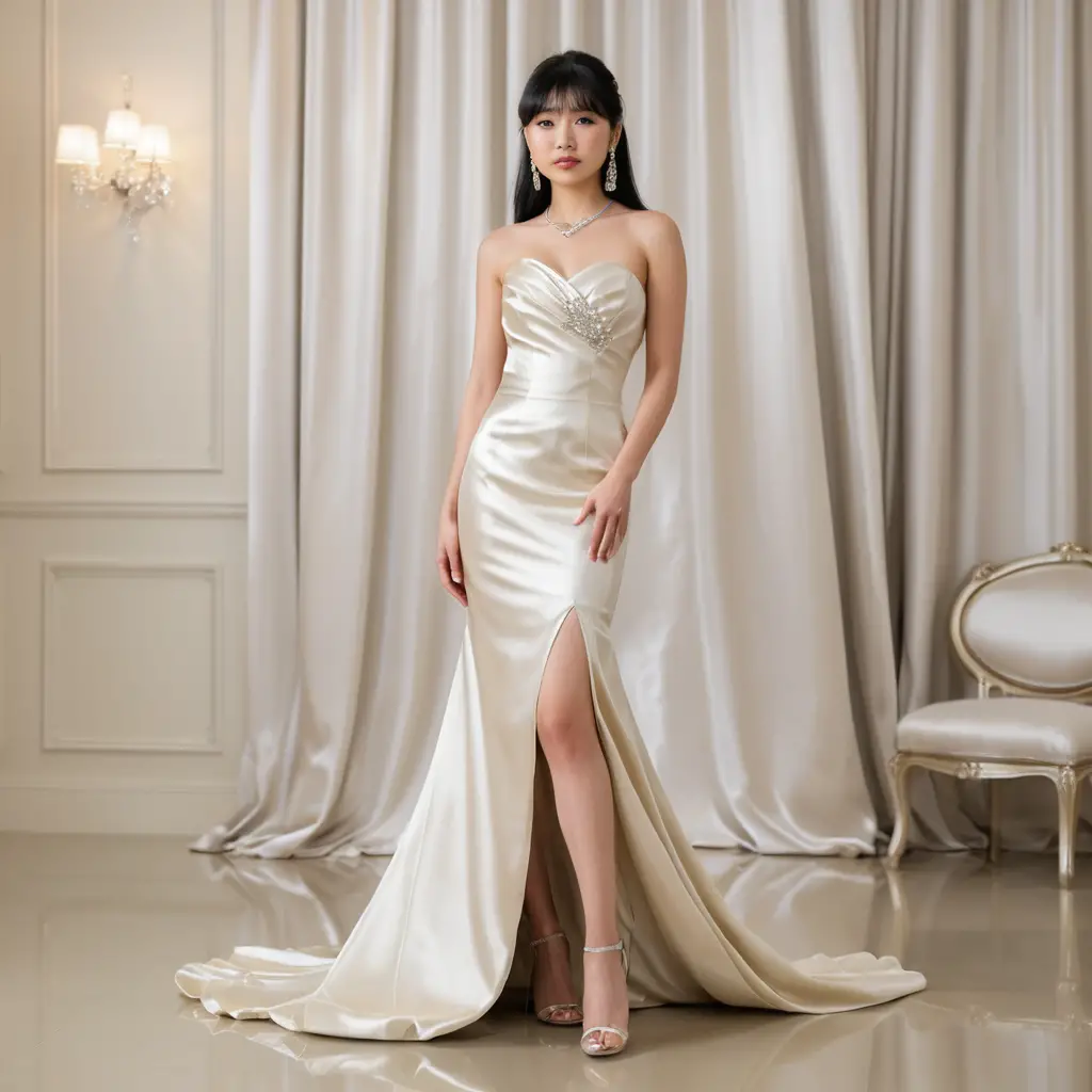 Young japanese woman in elegant ivory satin prom dress
