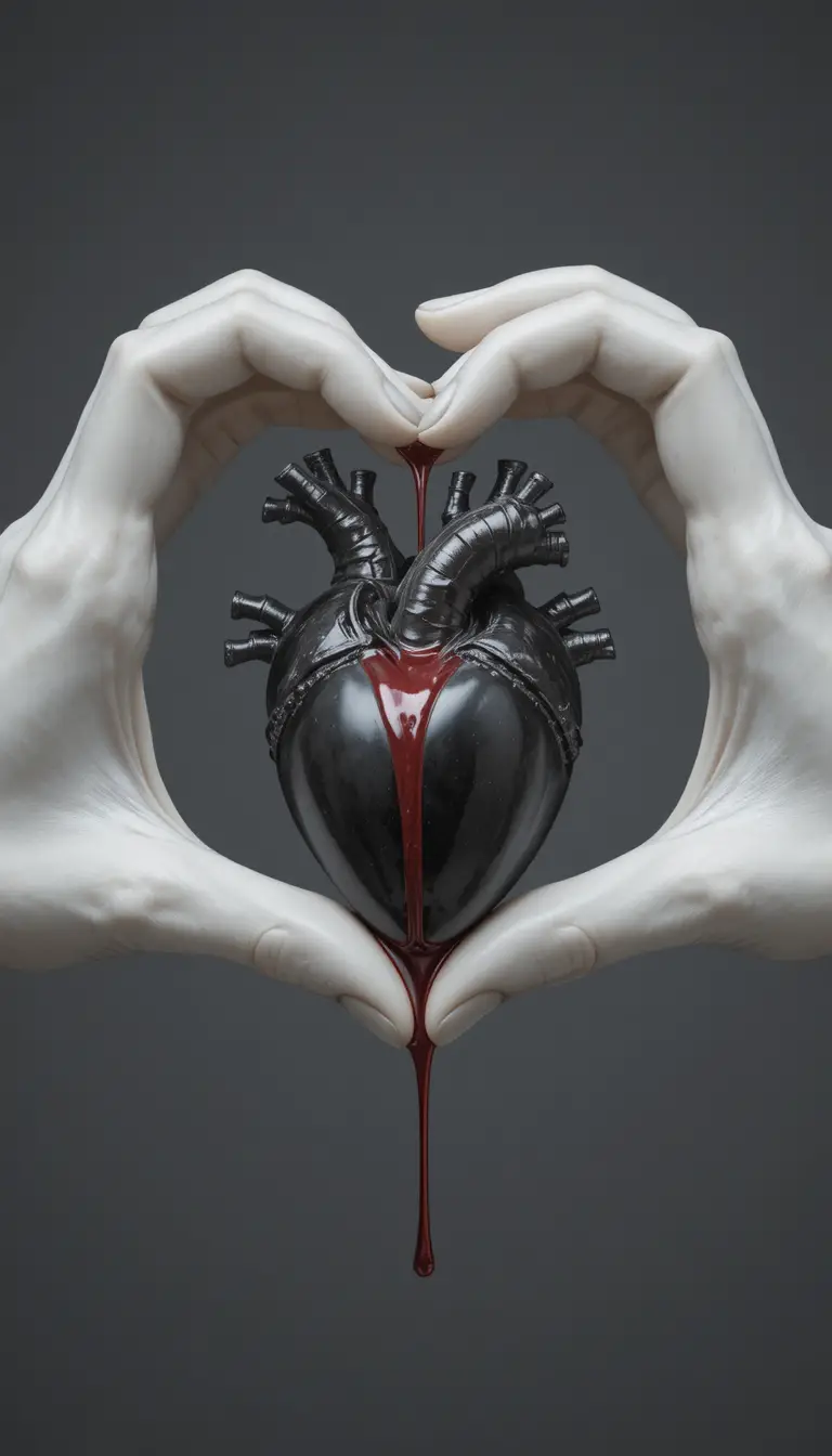Marble hands forming a heart around a bleeding stone heart
