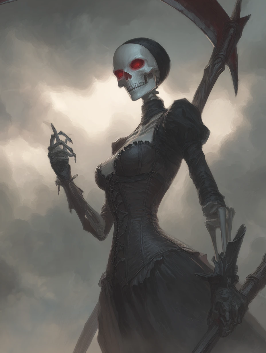 Grim lady death with scythe and skeletal hand