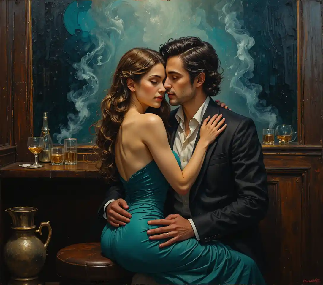 Young woman embracing a man in a smoky bar corner