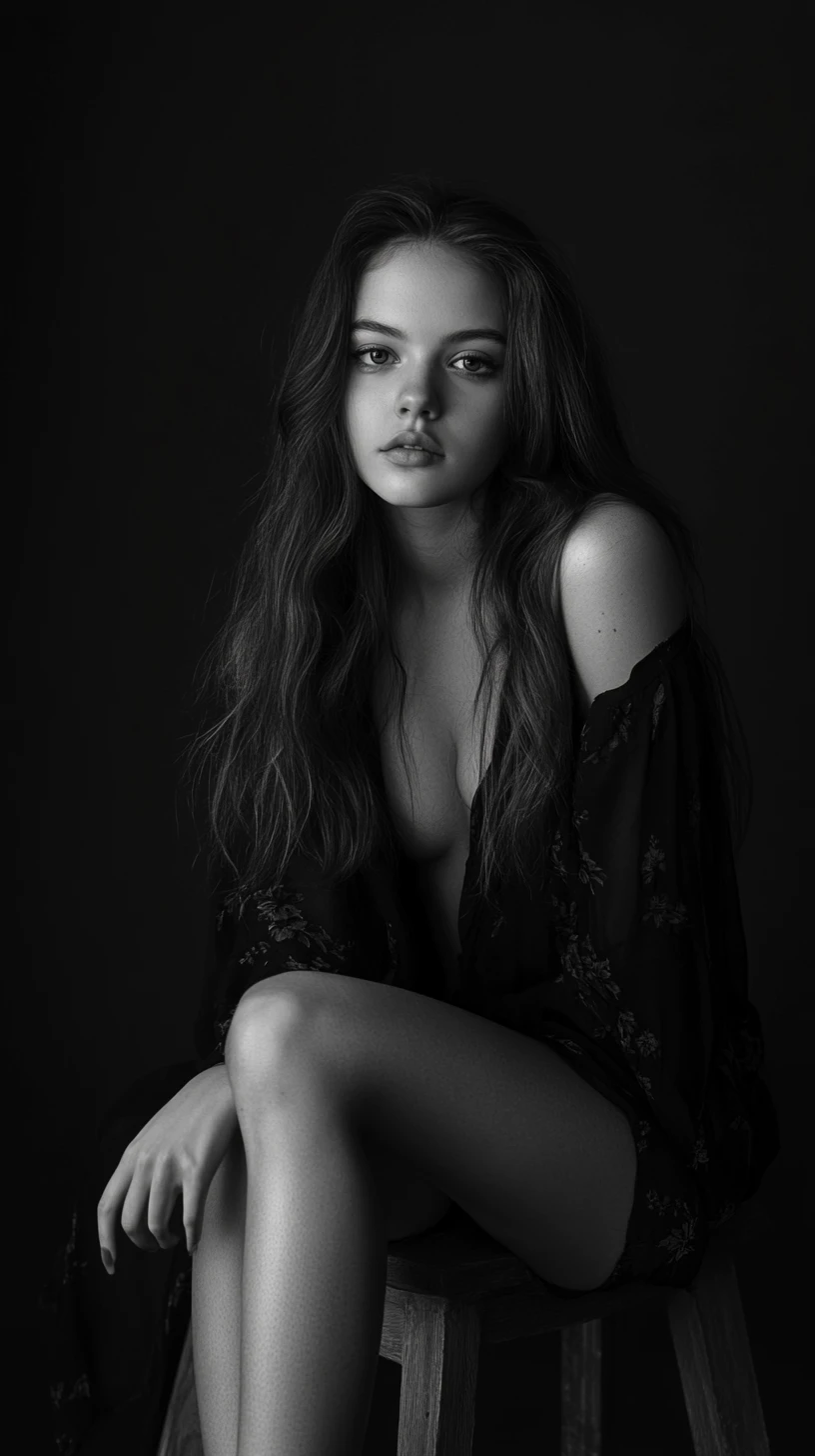 Dramatic studio portrait of woman on wooden stool