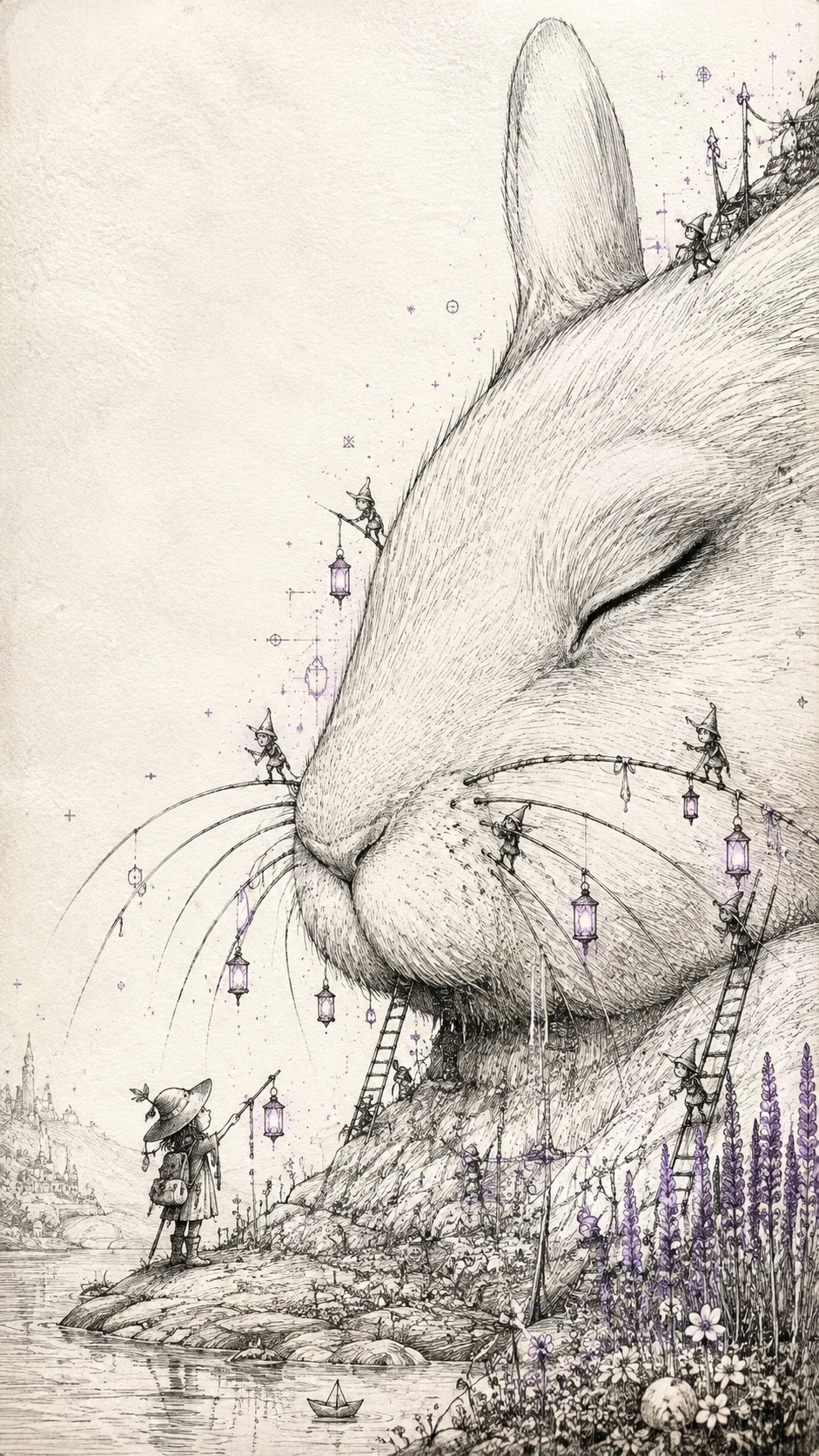 Tiny traveler beside a hill sized sleeping rabbit