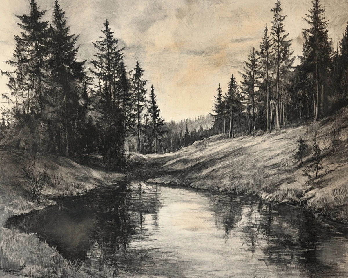 Charcoal landscape of rolling hills and tranquil forest stream