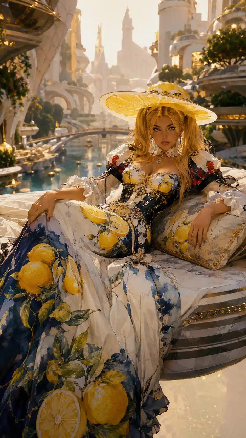 Futuristic cinematic woman lounging in a floating luxury bed