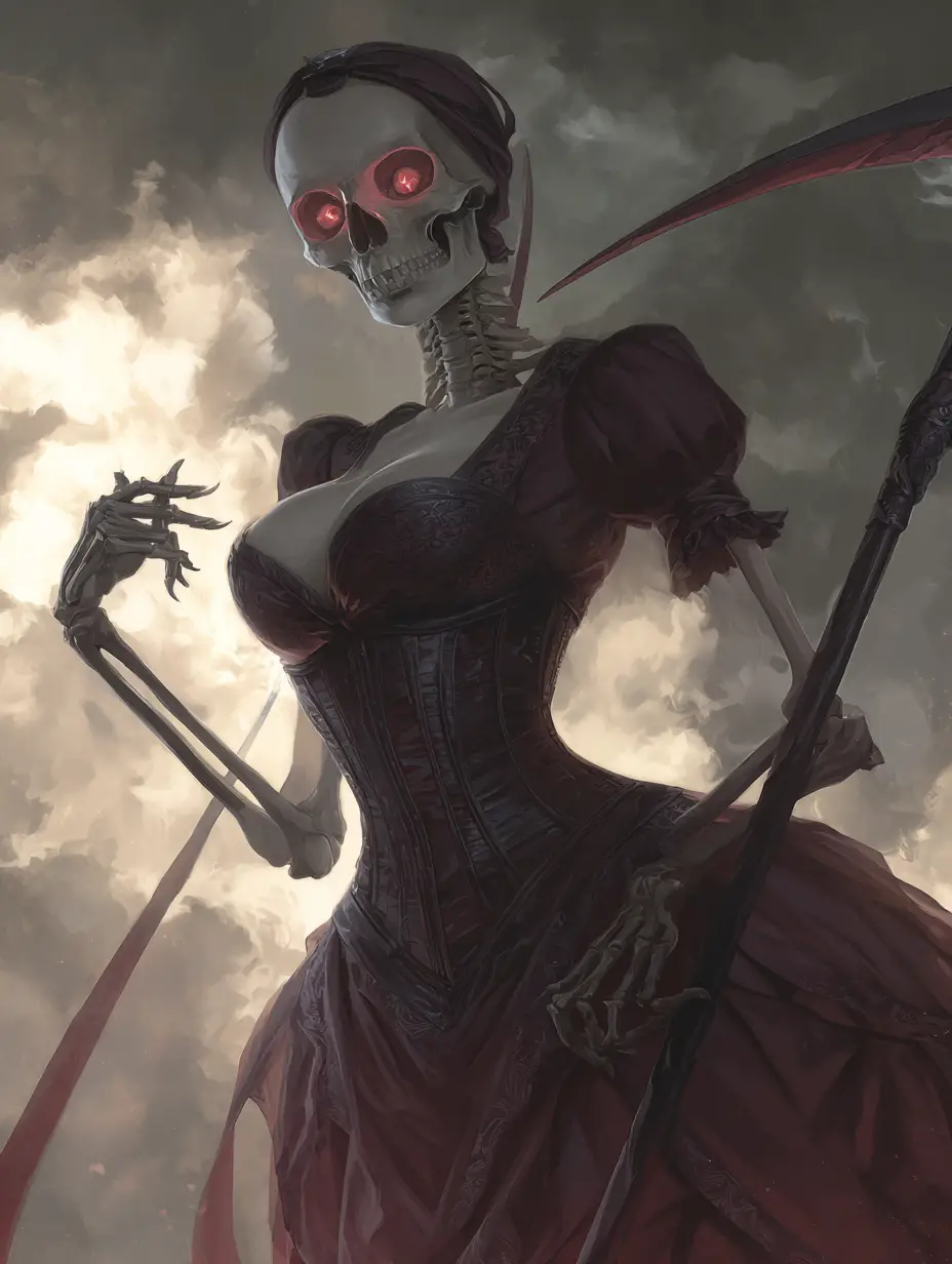 Grim lady death pointing a skeletal finger at viewer