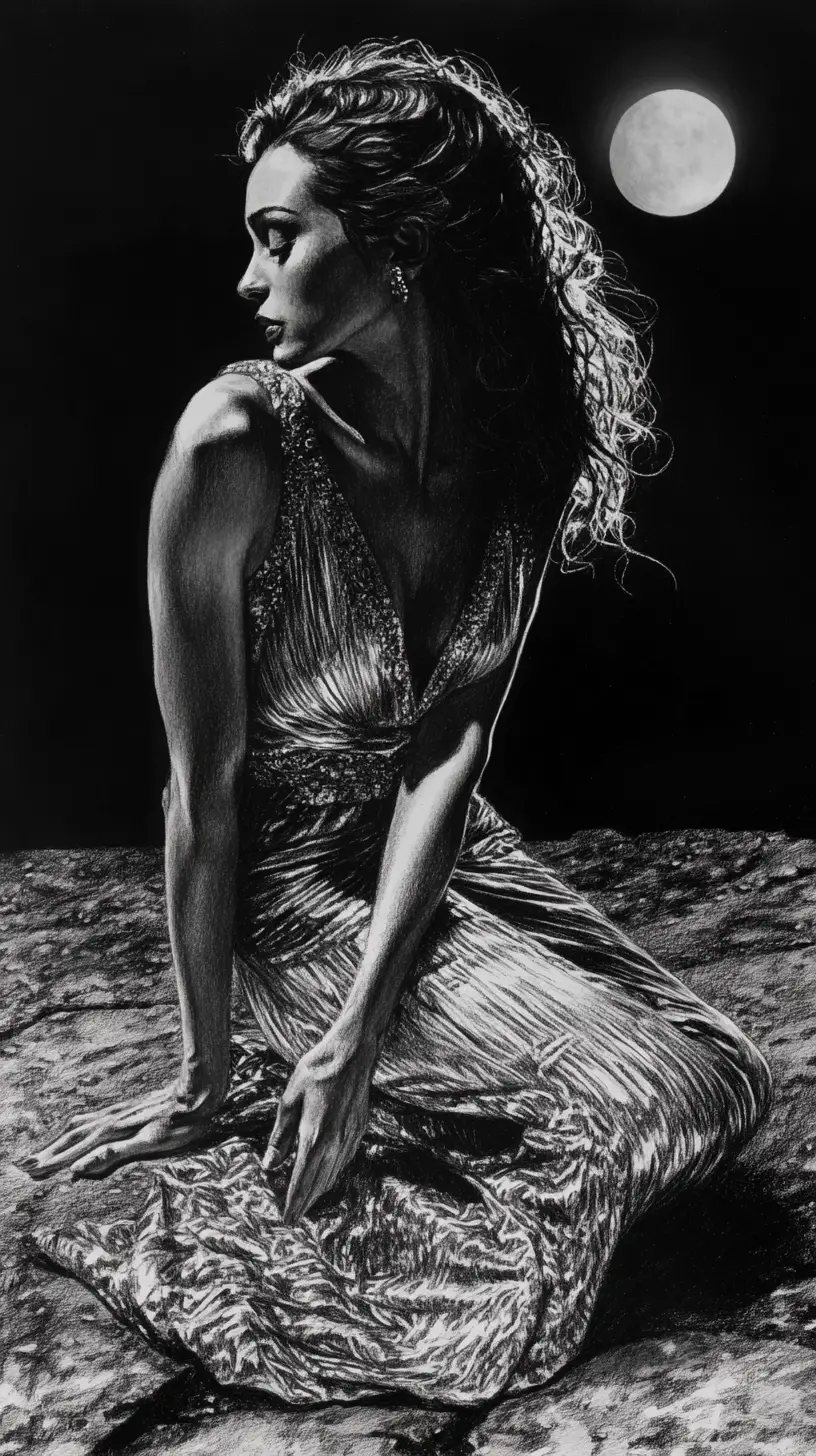 Elegant crouching woman in graphite night illustration