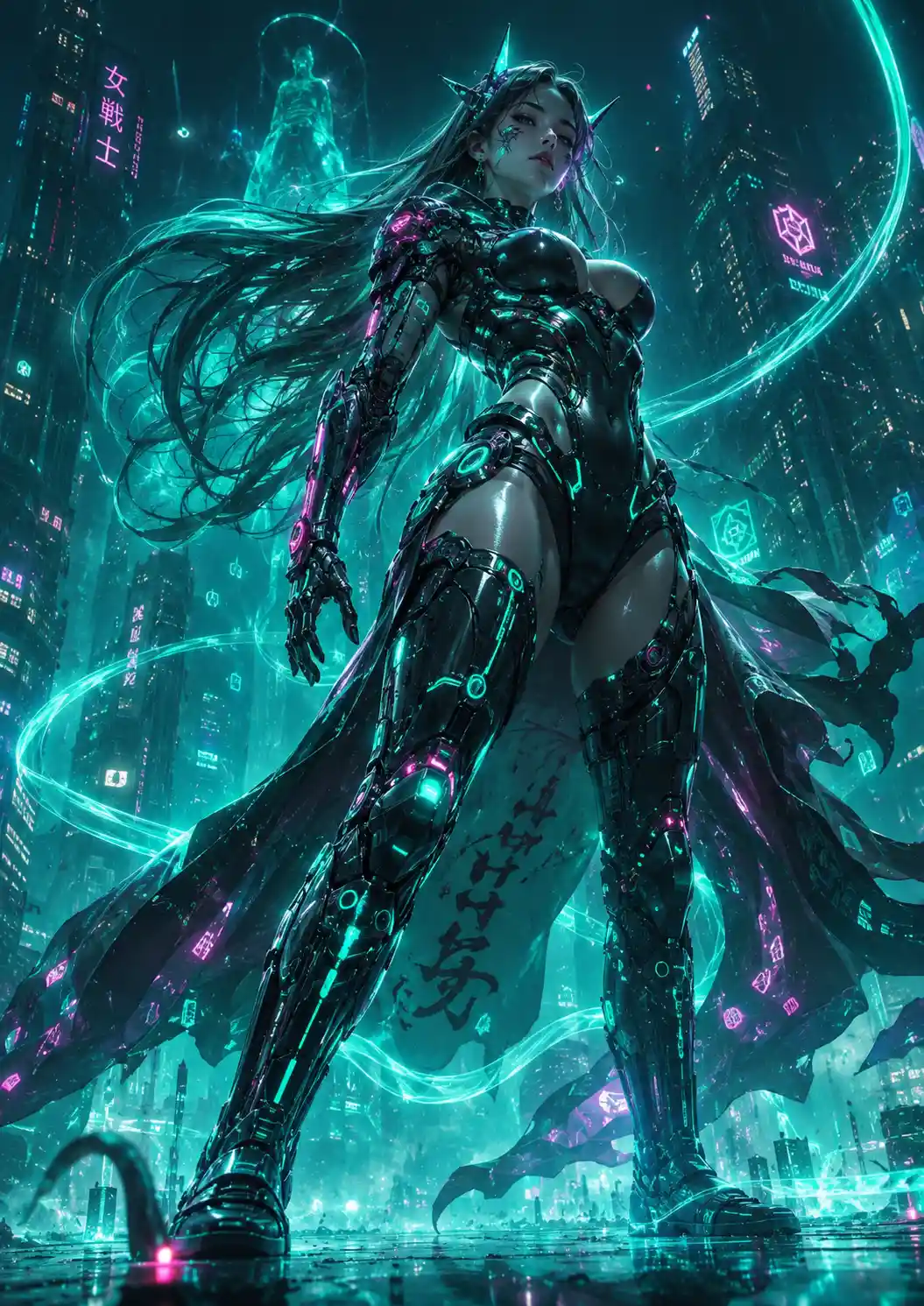 Cyberpunk heroine standing victorious in neon futuristic city