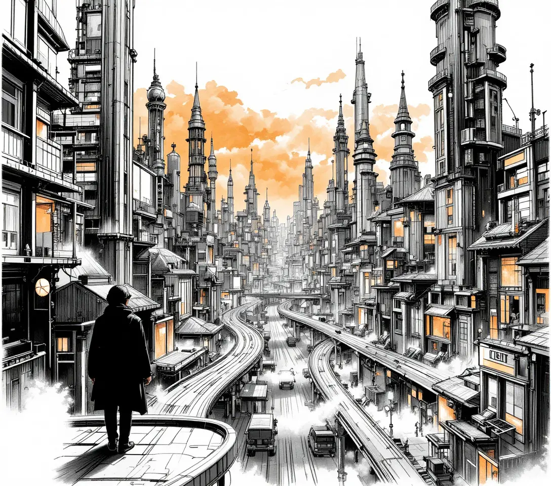 Vast futuristic cityscape at dusk with solitary balcony figure
