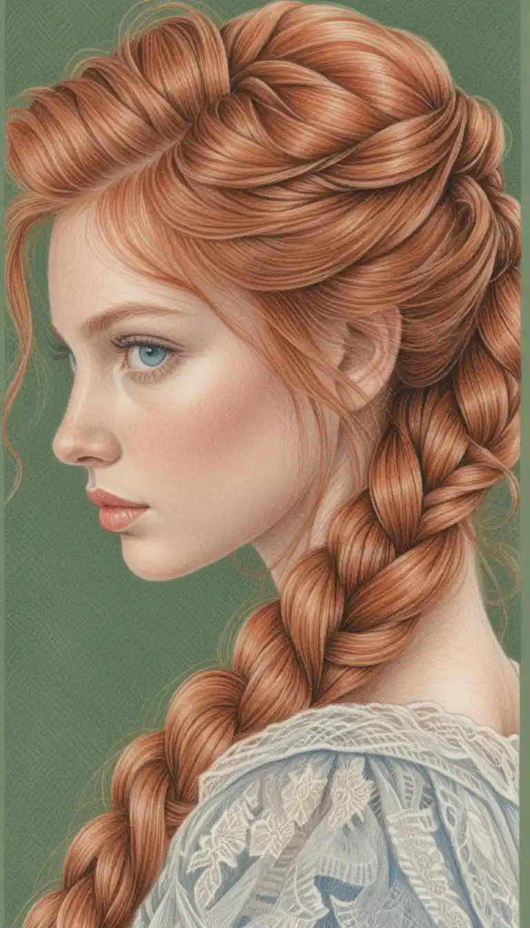 Red haired girl in lace dress colored pencil portrait