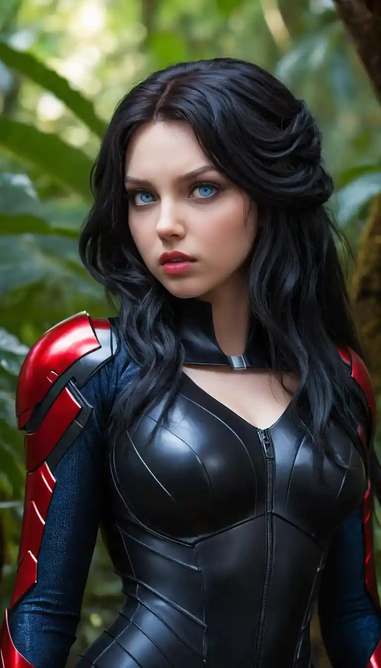 Anime heroine in red armor aboard a futuristic starship