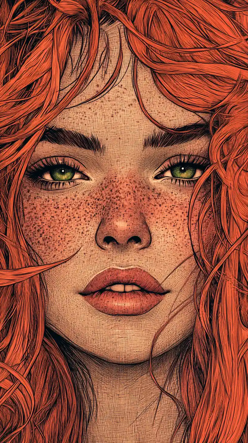 Ink portrait of freckled woman with windswept red hair