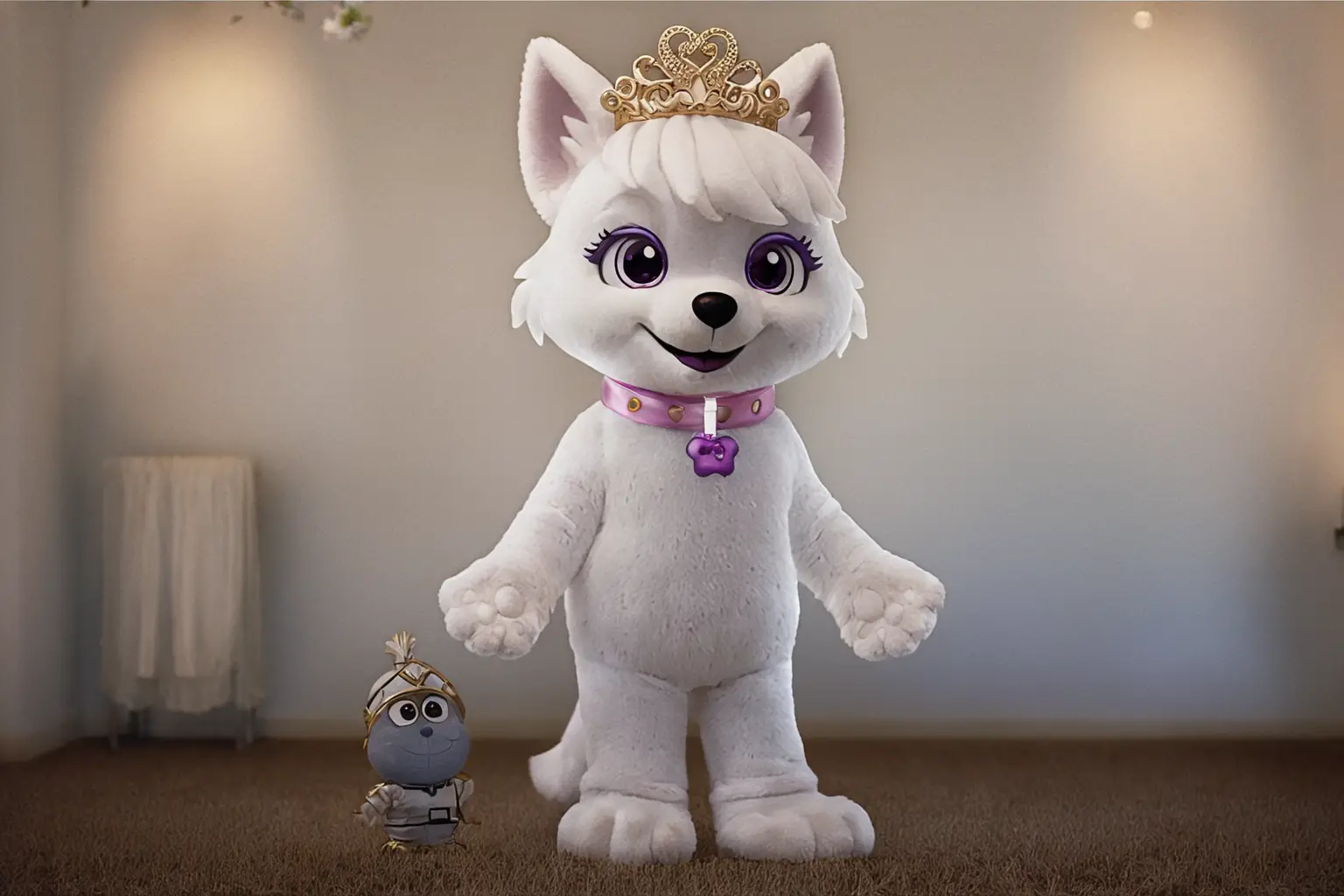Dog mascot girl standing in a modern mansion interior