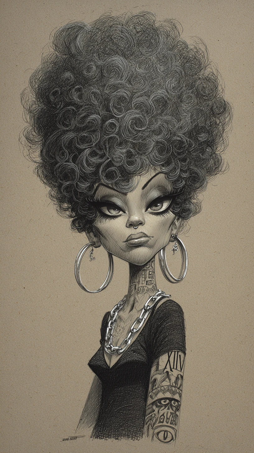 Stylized graphite portrait of woman with massive curly afro