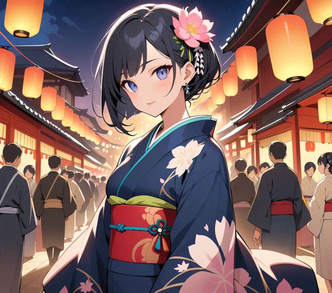 Elegant Japanese woman in kimono at night festival