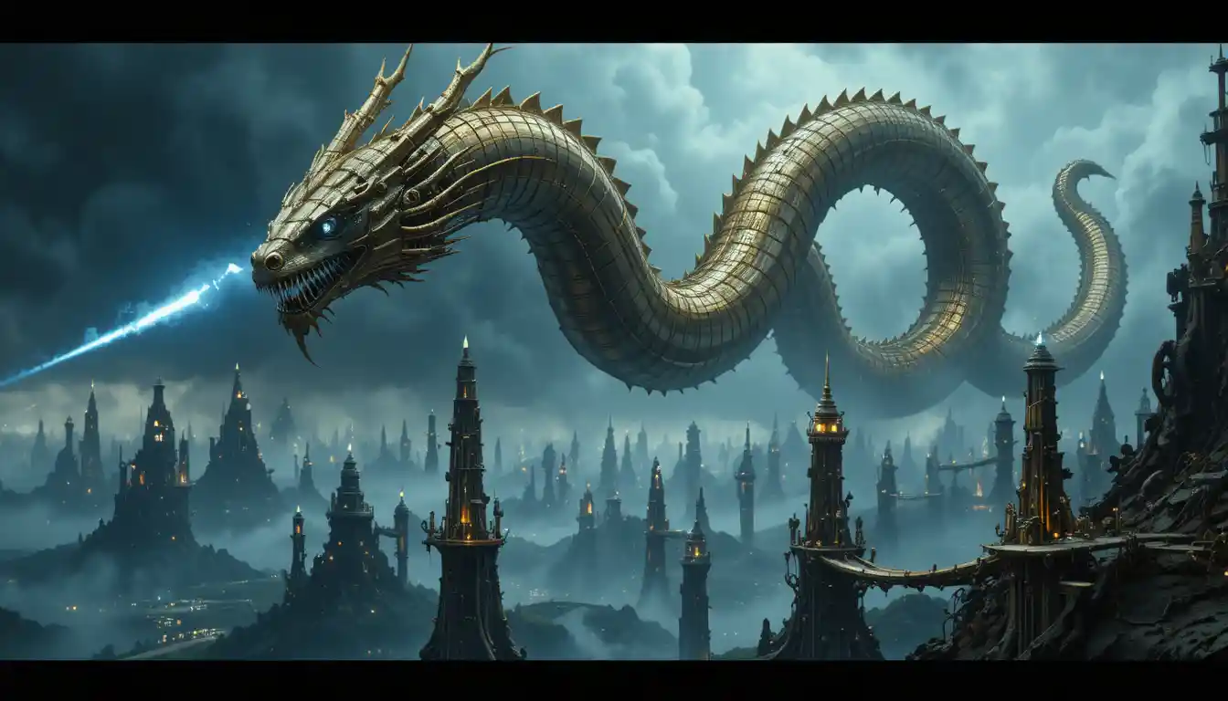 Colossal Steampunk Dragon Above Stormy Floating Cities