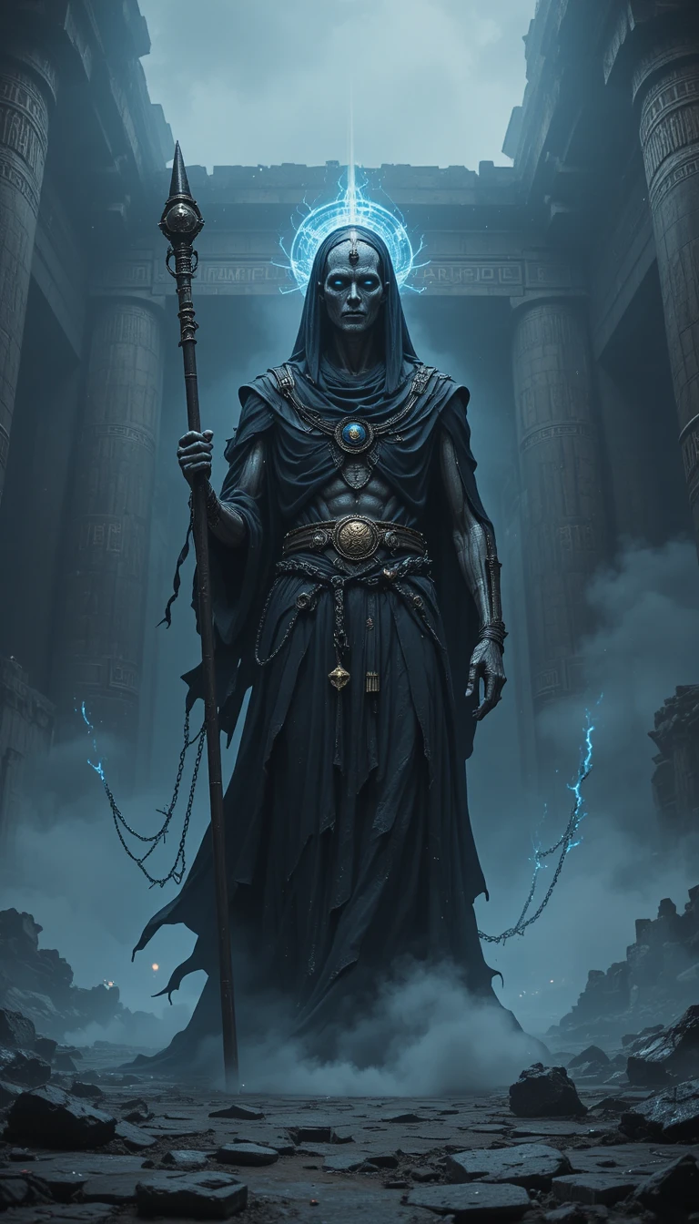 Skeletal death herald before the colossal gate of Kur