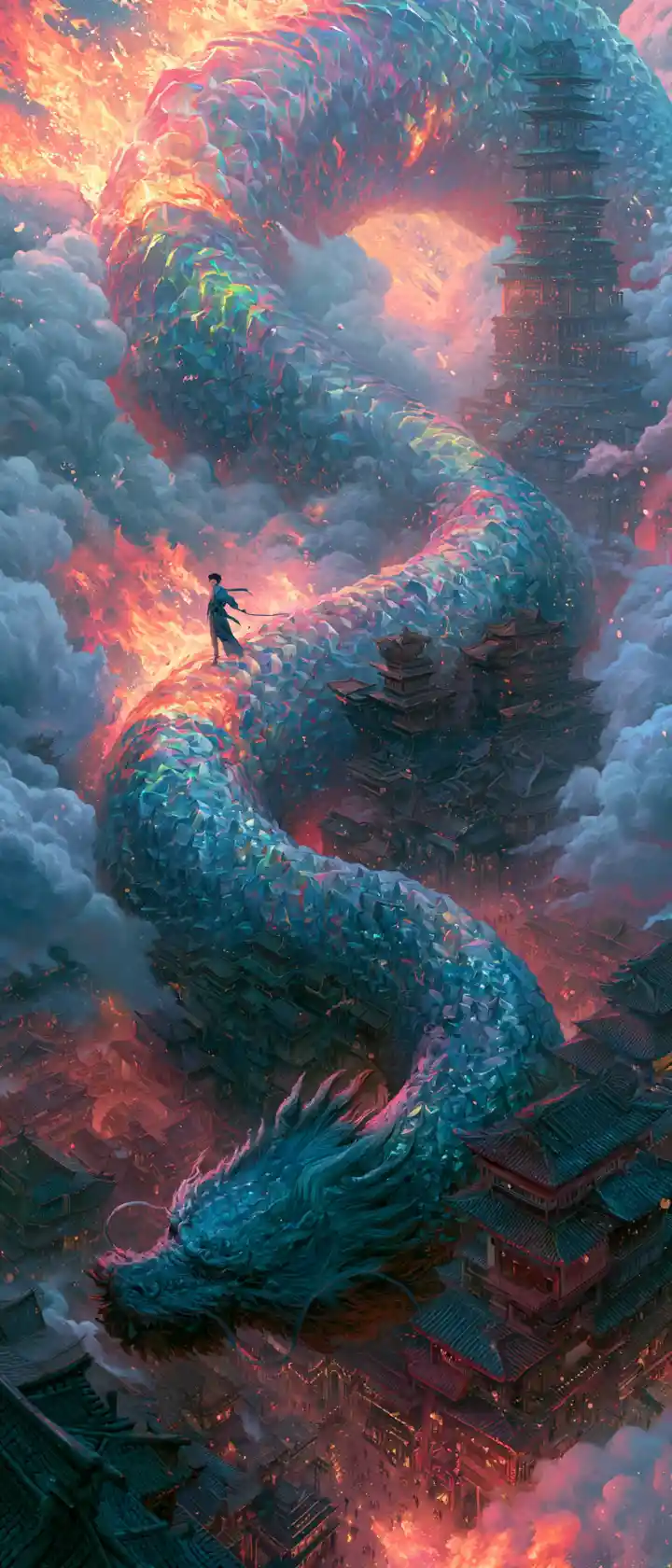 Crystalline dragon guarding a floating ancient sky city