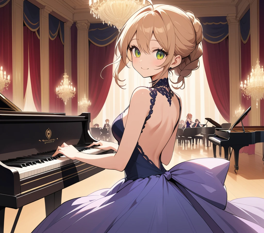 Smiling girl playing piano in a grand concert hall