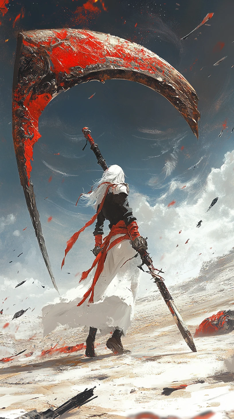 Battle scythe in ancient sandy ruins during a raging sandstorm