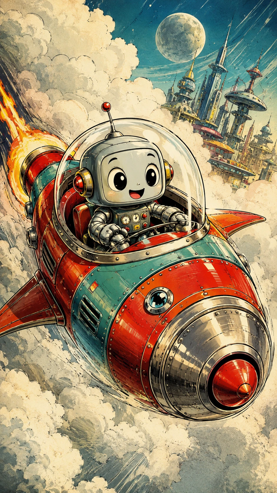 Cute chibi robot riding a retro spaceship through mist