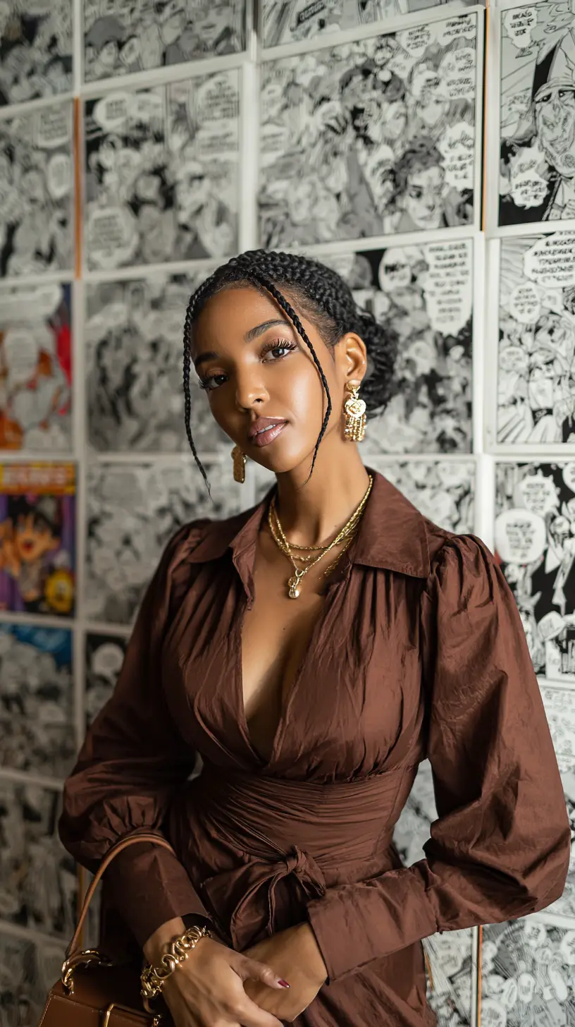 Elegant black woman in brown dress manga portrait