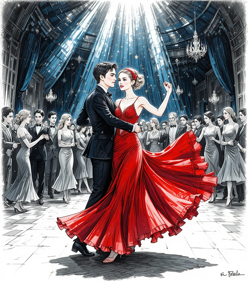 Young couple dancing in a dimly lit elegant ballroom