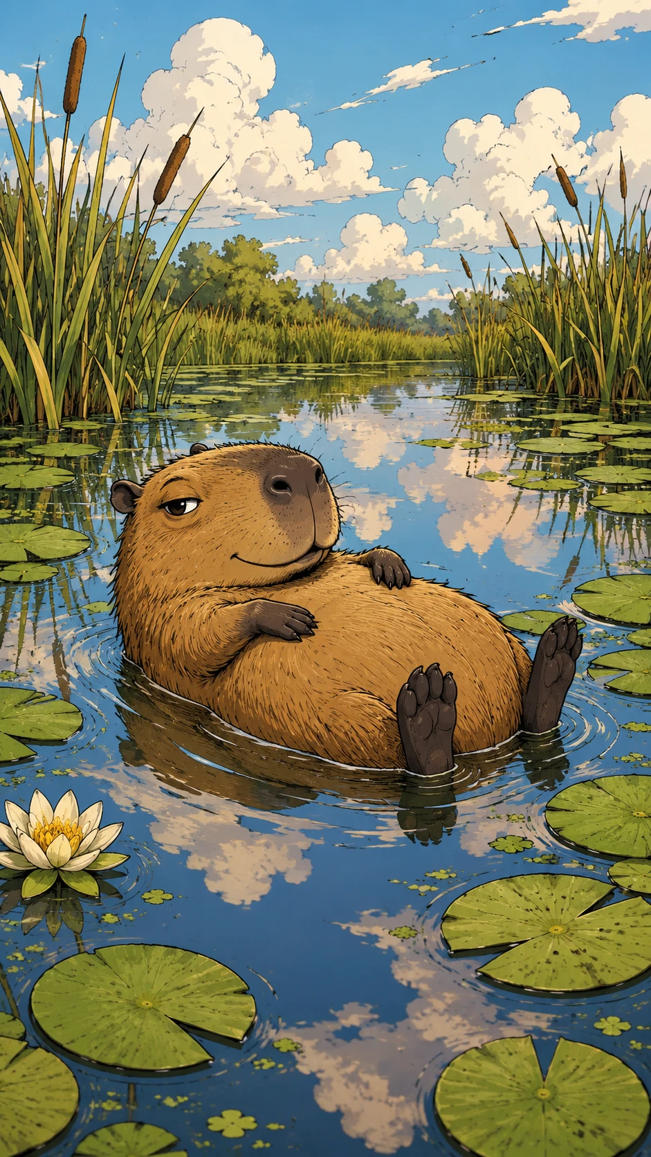 Capybara Floating On Its Back In A Peaceful Pond