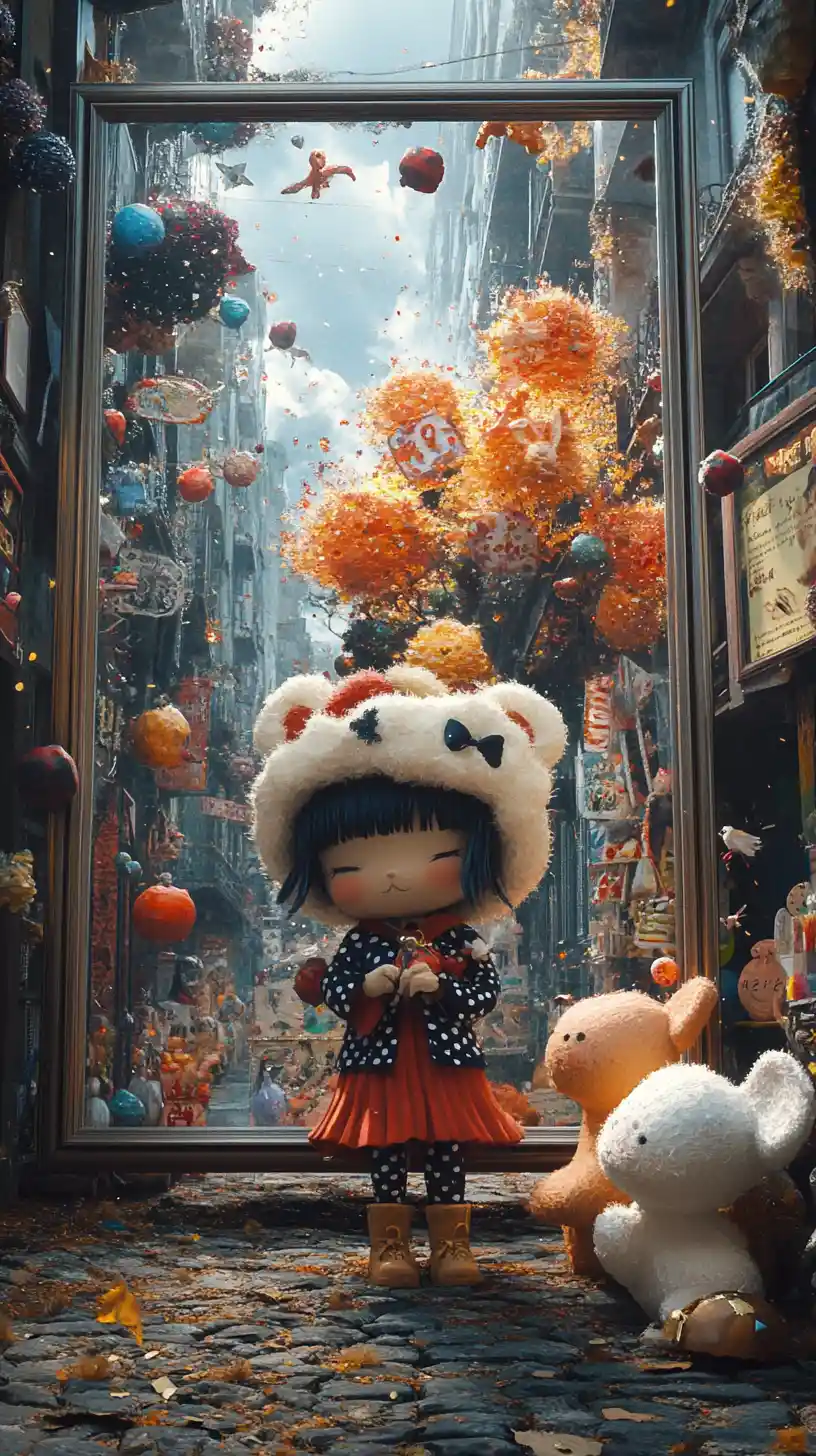 Anime girl in a crumbling surreal world with empty frame
