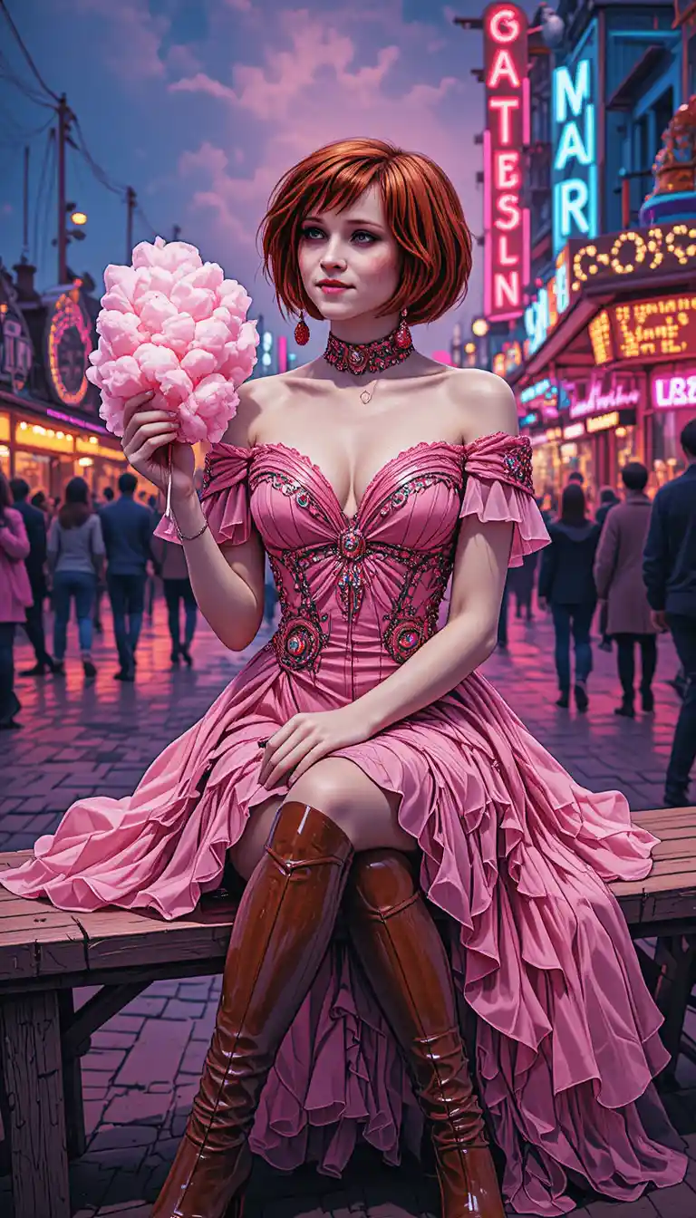 Young woman in pink dress at neon lit carnival bench