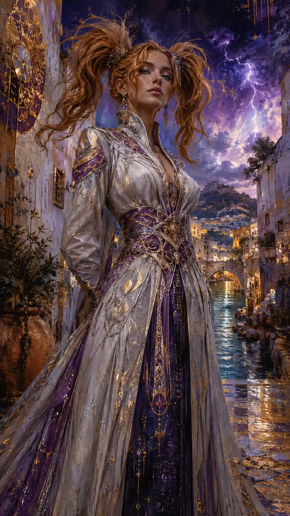 Confident fantasy woman in ornate couture from low angle