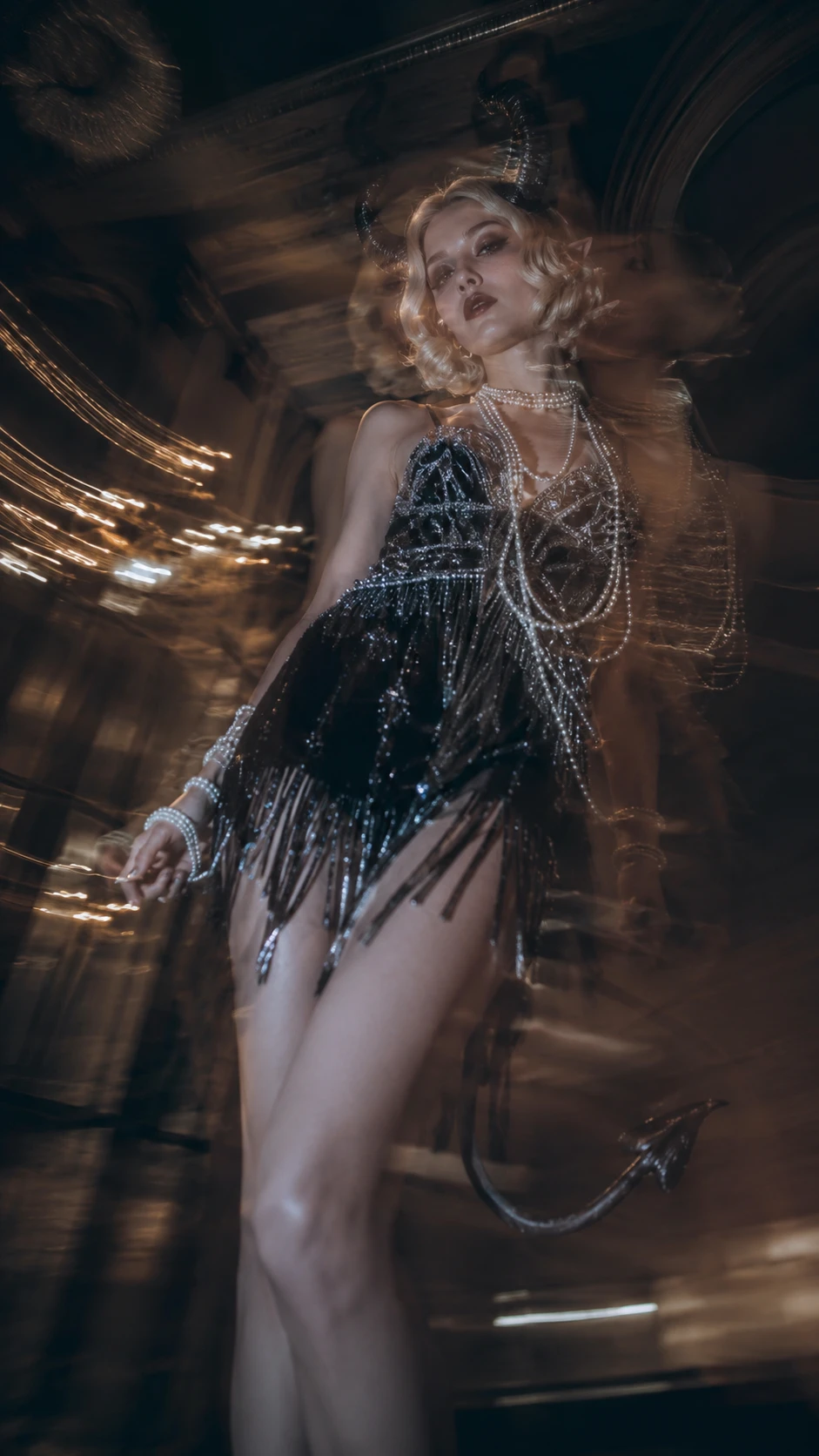 Elegant flapper tiefling woman in a beaded black dress