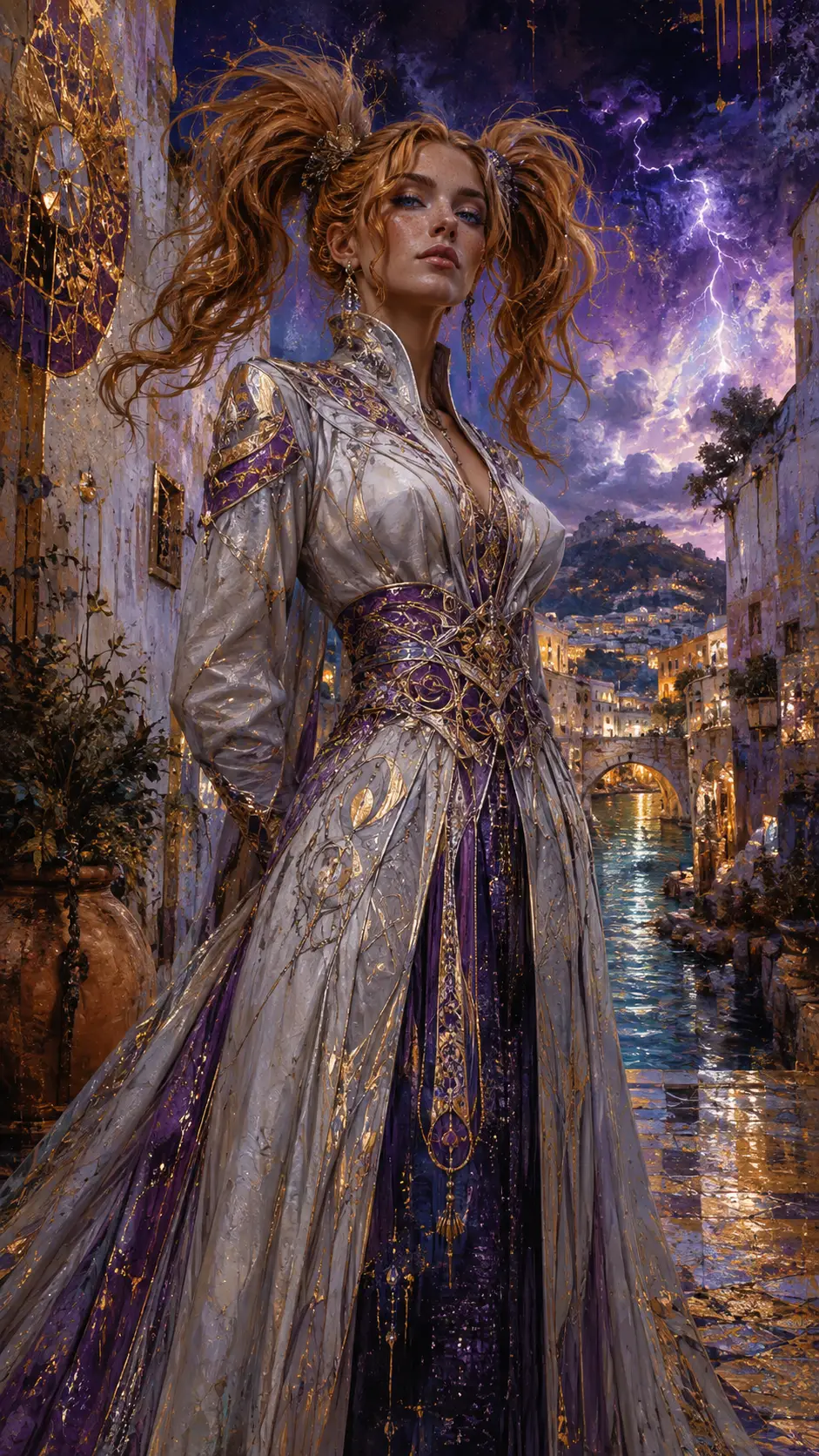 Confident fantasy woman in ornate couture from low angle