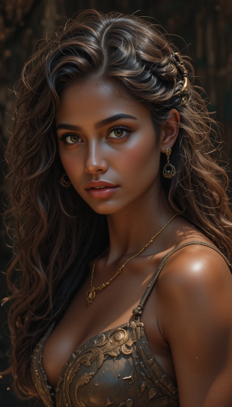 Shy bronze age girl with curly hair portrait