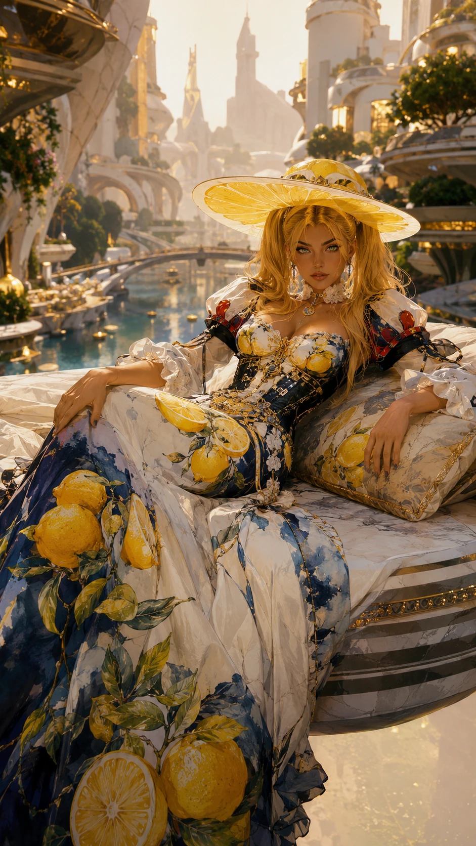 Futuristic cinematic woman lounging in a floating luxury bed