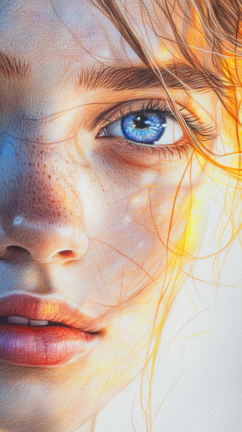 Color pencil portrait of a freckled girl in warm light