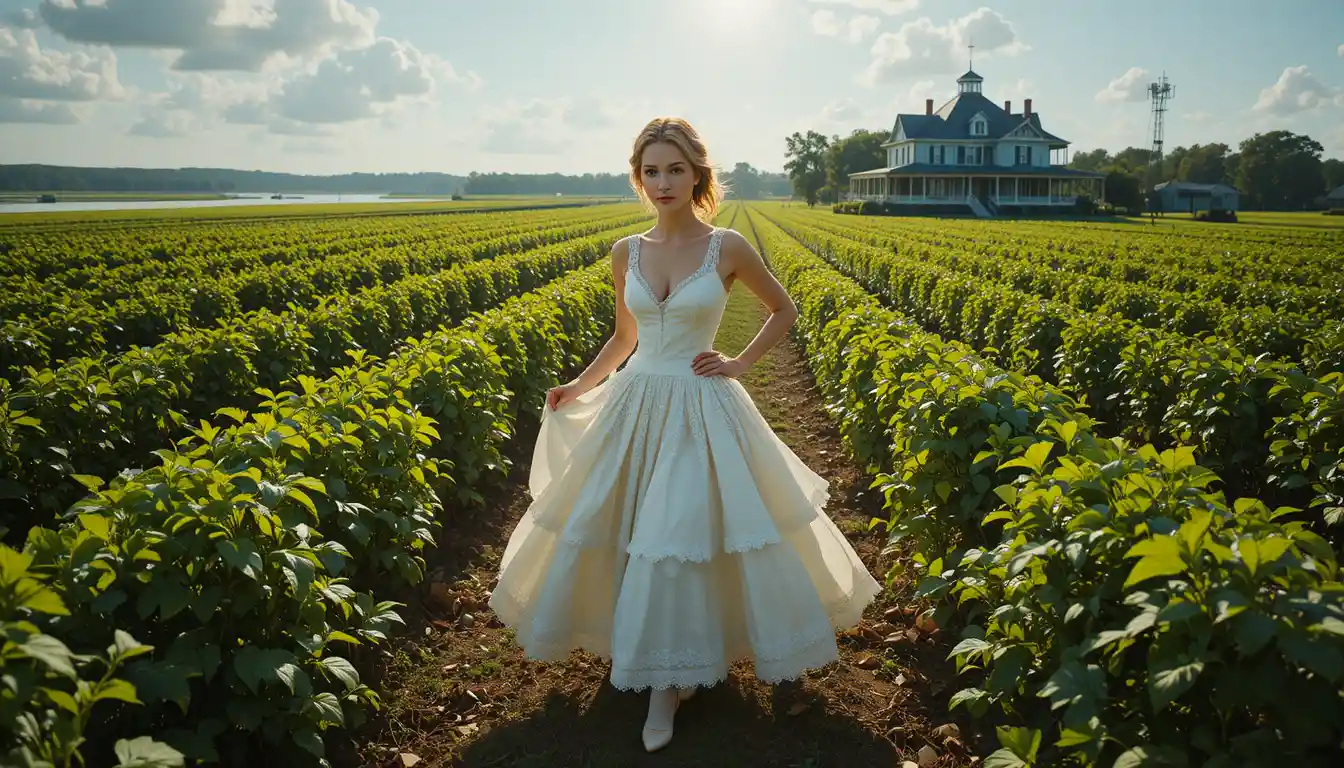 Sensual creole woman in white gown above sugarcane fields