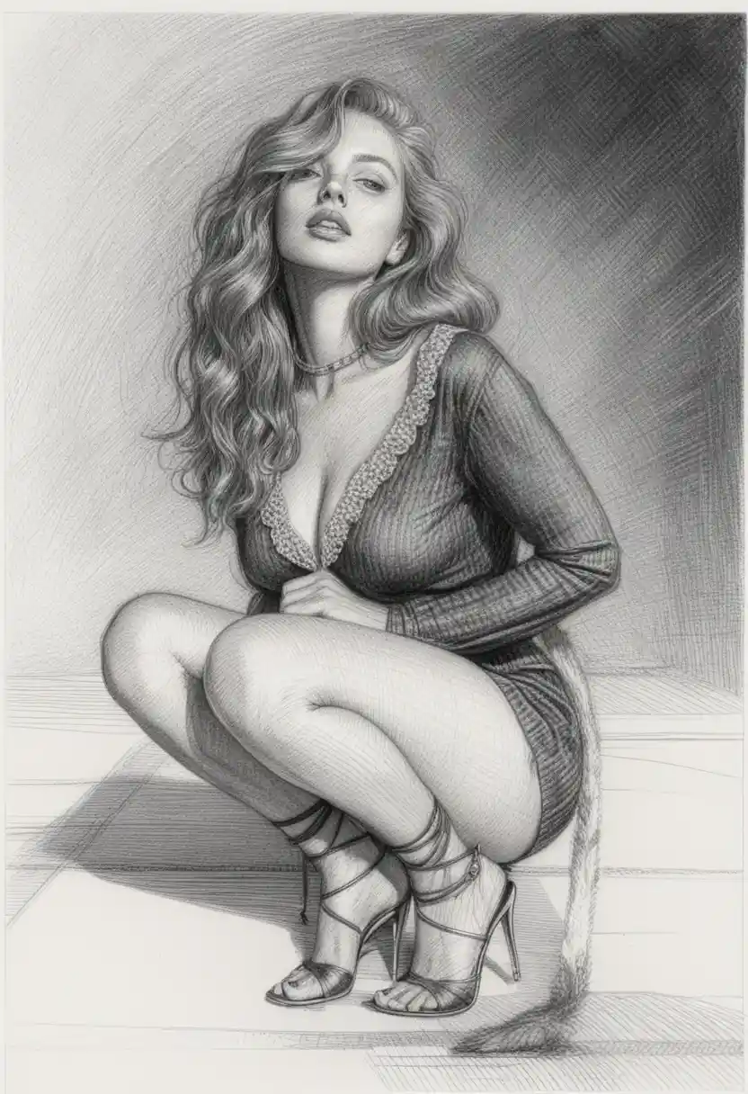 Elegante donna accovacciata in scena notturna al chiaroscuro in grafite