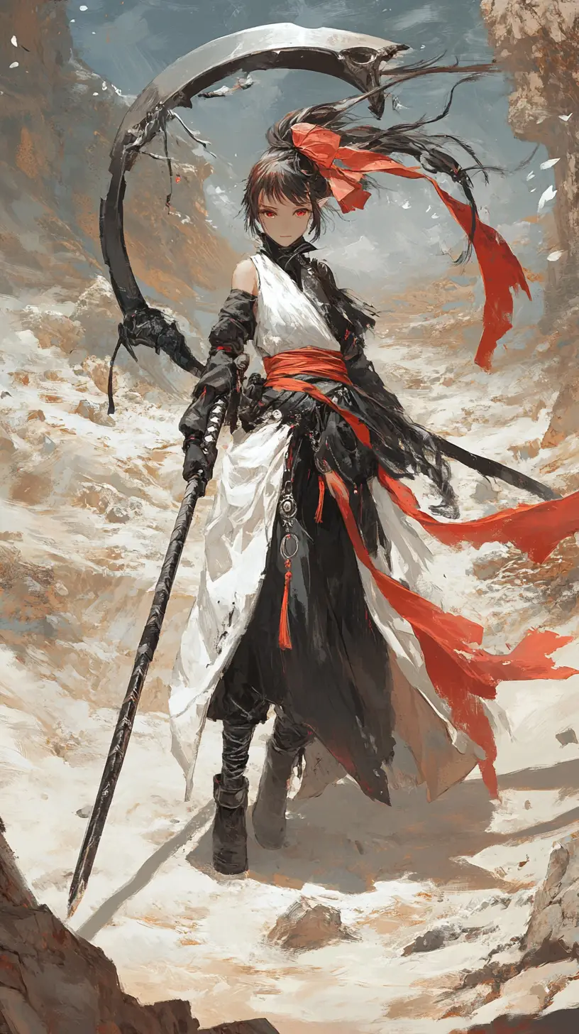 Battle scythe standing in sand swept ancient rune carved ruins