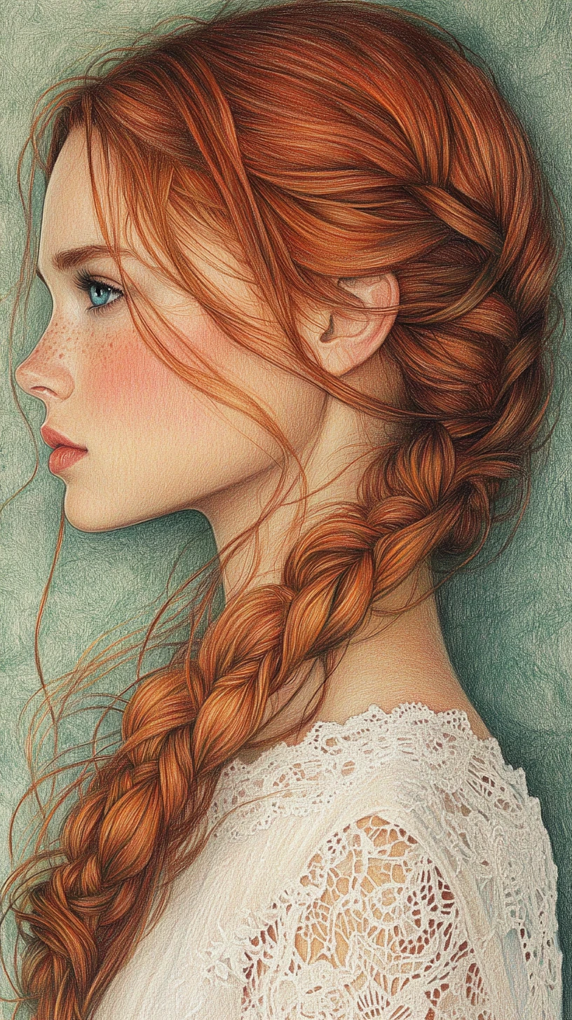 Red haired girl in lace dress colored pencil portrait