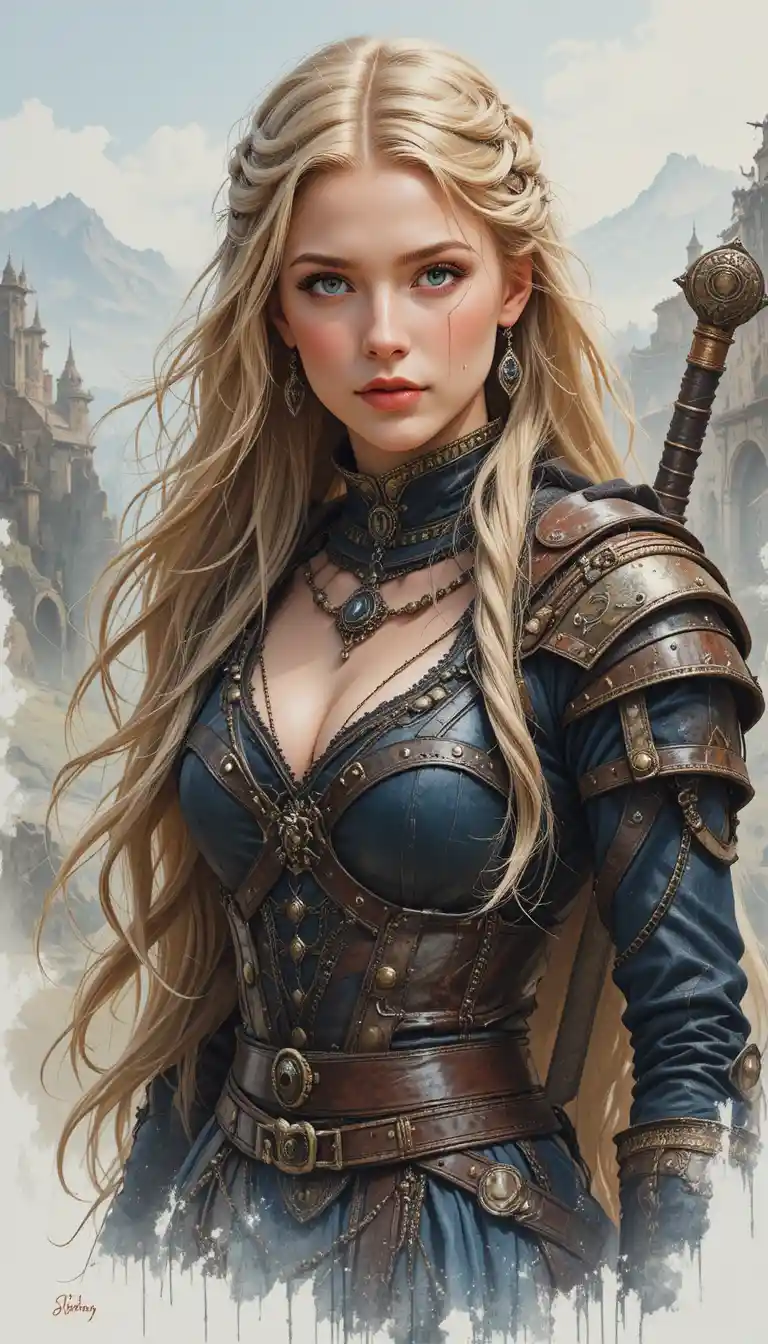 Guerriera medievale sicura di sé in un paesaggio fantasy