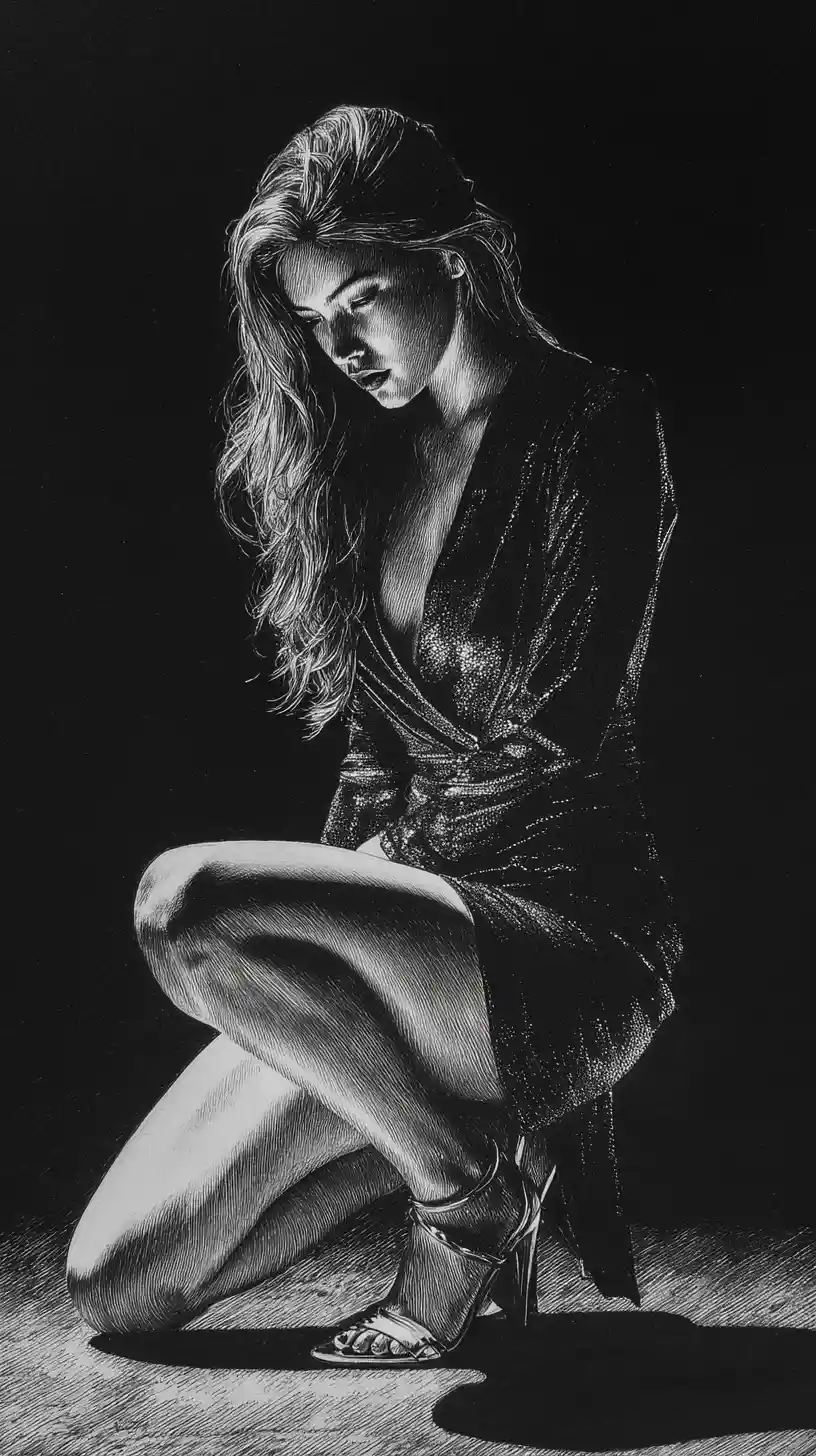 Elegant woman crouching in graphite chiaroscuro night scene