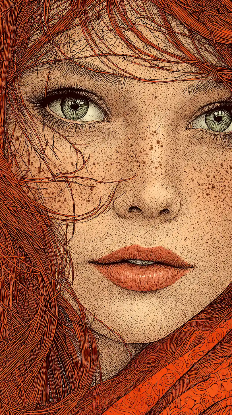 Freckled redhead line art portrait with piercing green eyes