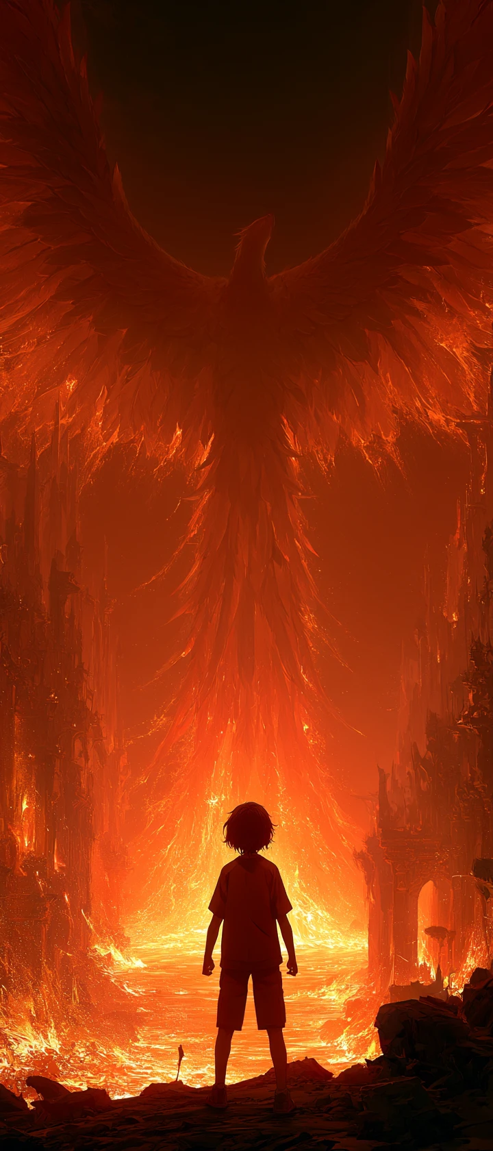 Phoenix Rising Above Golden Ruins With Reaching Child