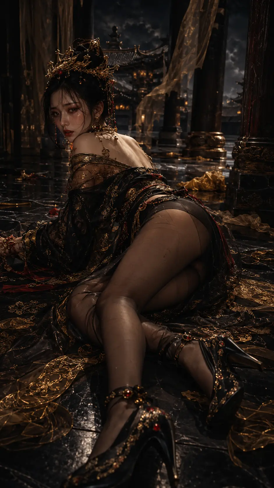 Kneeling Tang empress in a dark palace side hall