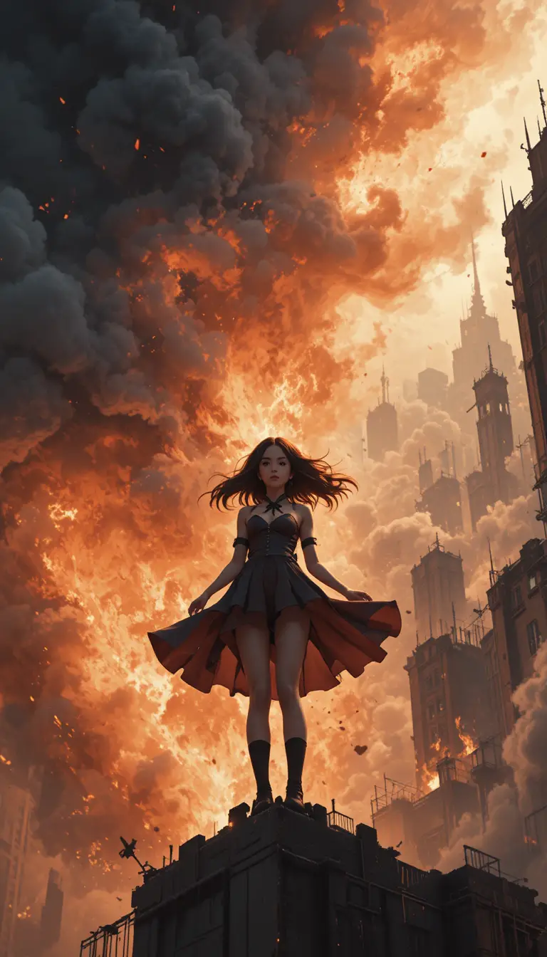 Anime girl on burning skyscraper roof facing her final choice