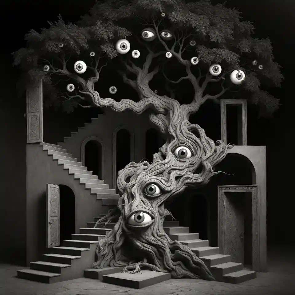 Surreal tree with glowing eyes on twisting monochrome structure