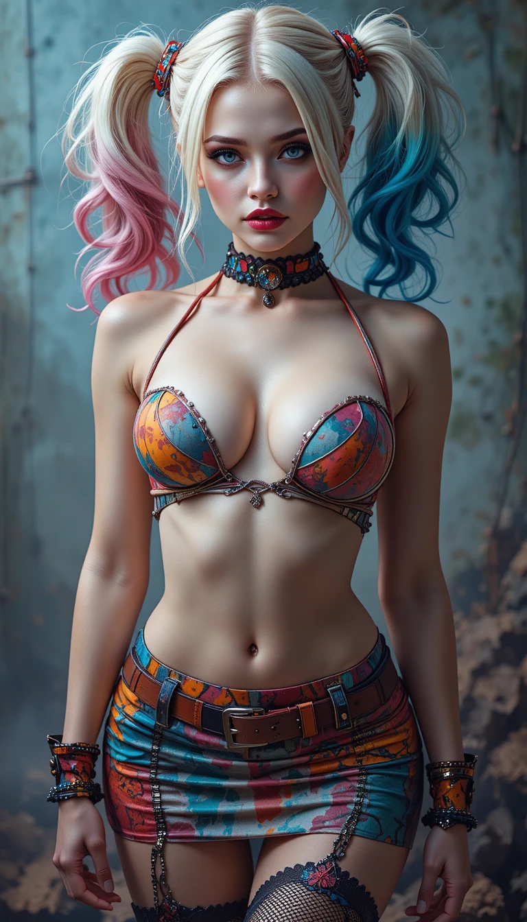 Surreal woman in flowing abstract mini skirt and makeup