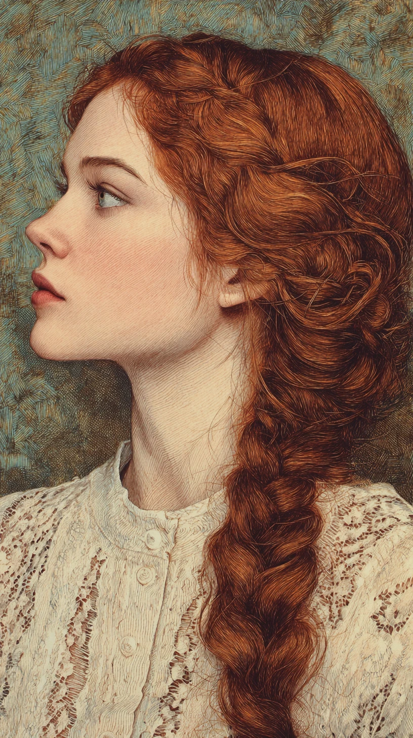 Red haired girl portrait in colored pencil profile view