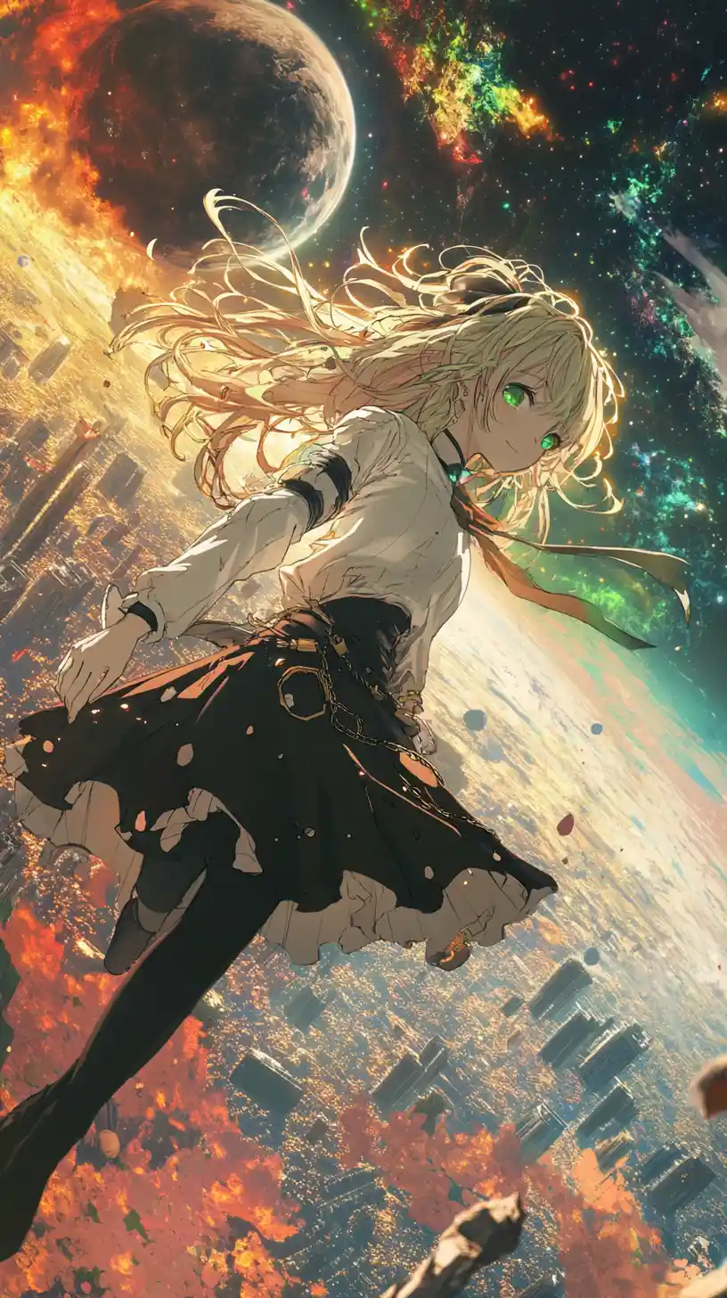 Anime girl floating in space near a colorful ringed planet