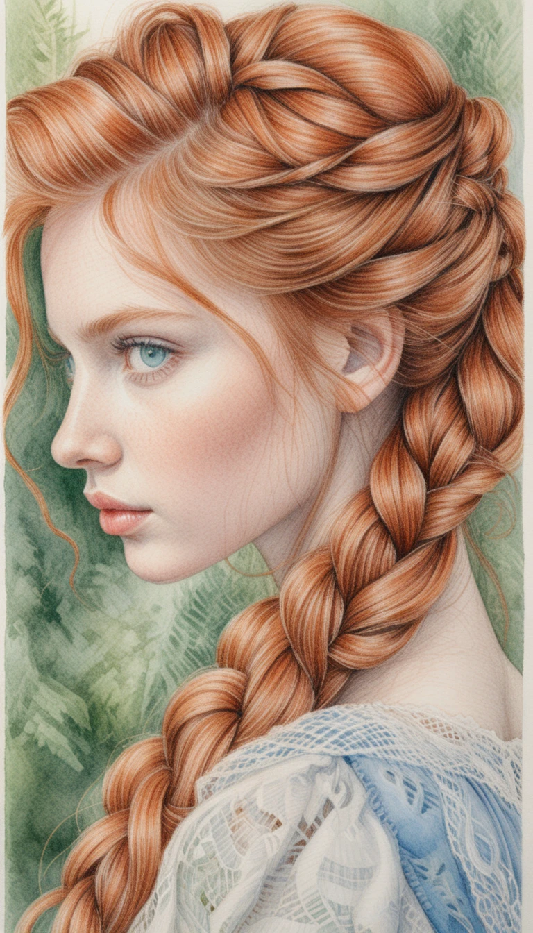 Red haired girl in lace dress colored pencil portrait